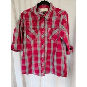Bit and Bridle Women's Size L Pearl Snap Western Shirt Plaid Pink Embroidered